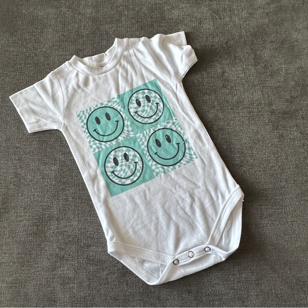 Smiley Face White and Greenish Blue  infant size 0-3 months gender One Piece